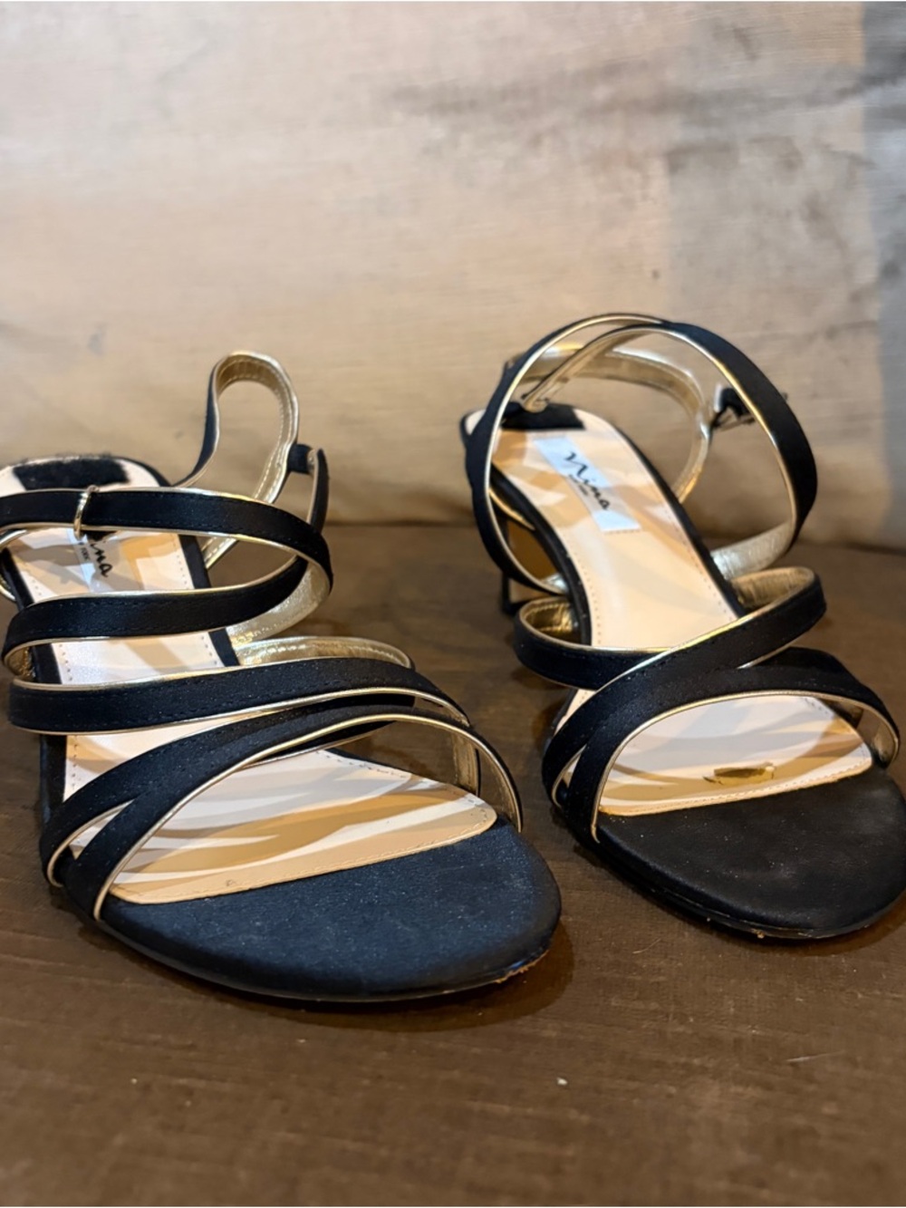 Nina Black and Gold Scrappy Heeled Sandals